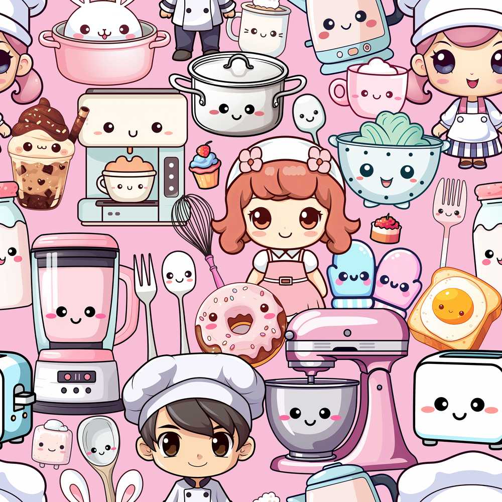 Cute Kawaii Baking Girl Kitchen Appliances Utensils Blush Background