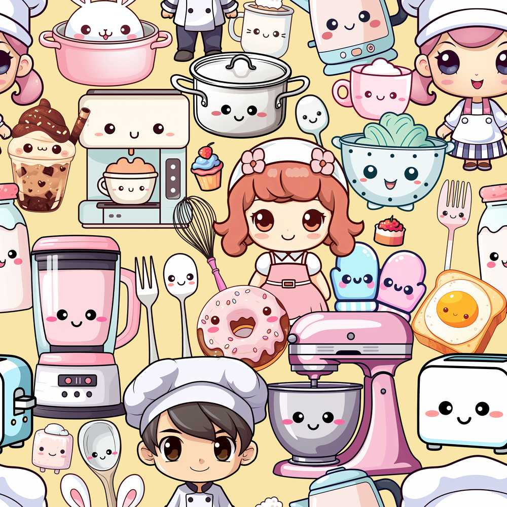 Cute Kawaii Baking Girl Kitchen Appliances Utensils Yellow Background