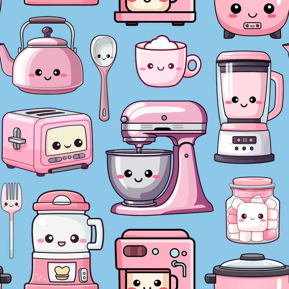 Cute Kawaii Kitchen Appliances Mixer Toaster Blender Blue Background