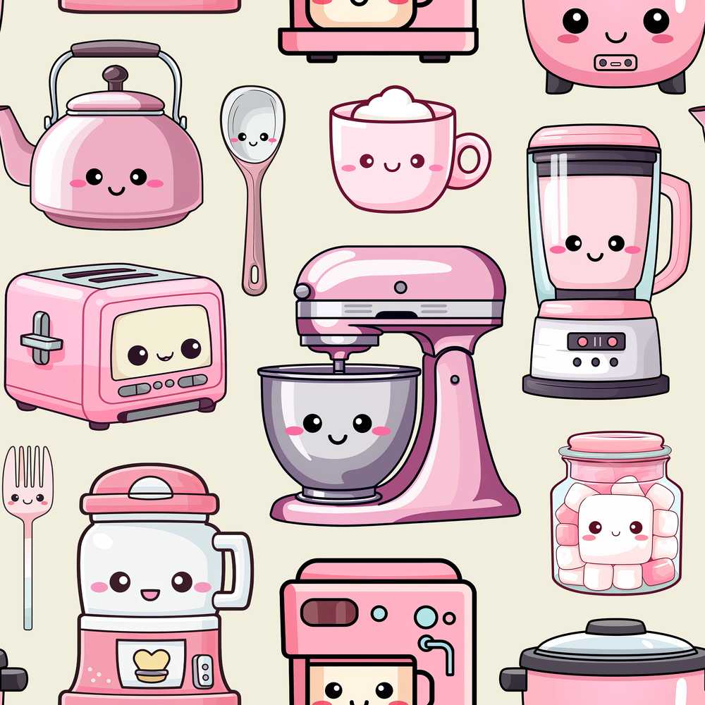 Cute Kawaii Kitchen Appliances Mixer Toaster Blender Cream Background
