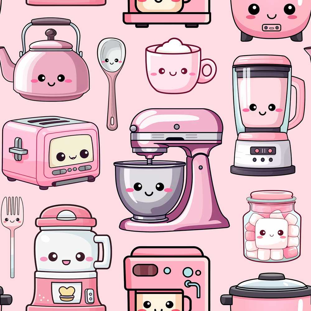 Cute Kawaii Kitchen Appliances Mixer Toaster Blender Teal Background