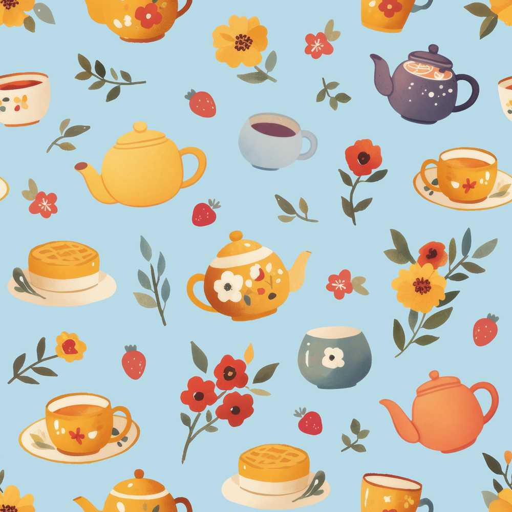 Cute Vintage Teapot Floral Tea Cups Strawberry Garden Blue Background