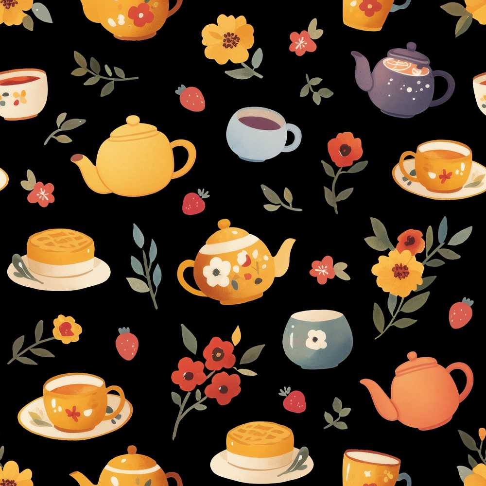 Cute Vintage Teapot Floral Tea Cups Strawberry Garden Black Background