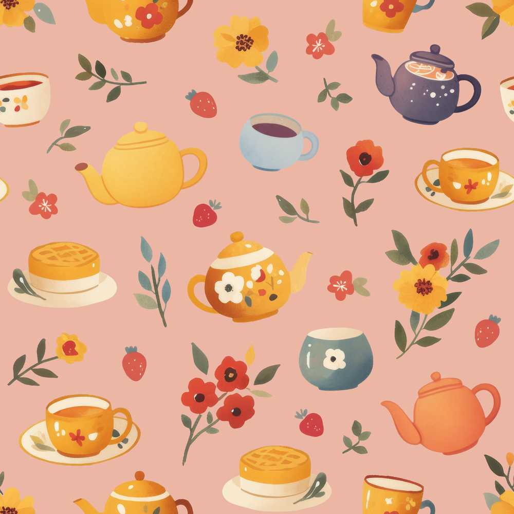 Cute Vintage Teapot Floral Tea Cups Strawberry Garden Peach Background