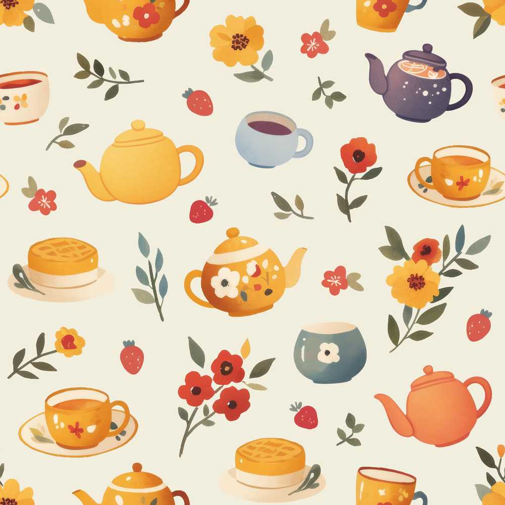 Cute Vintage Teapot Floral Tea Cups Strawberry Garden Cream Background