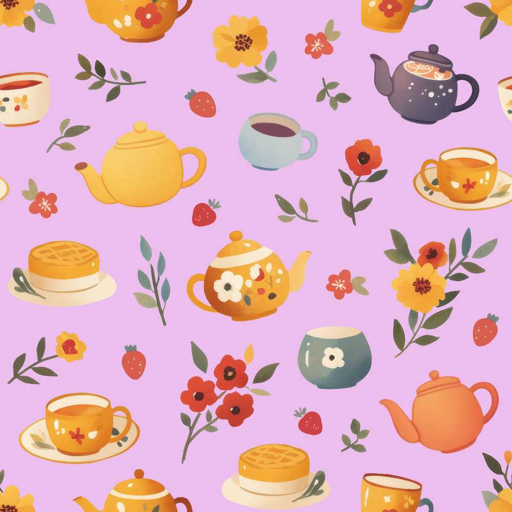 Cute Vintage Teapot Floral Tea Cups Strawberry Garden Purple Background