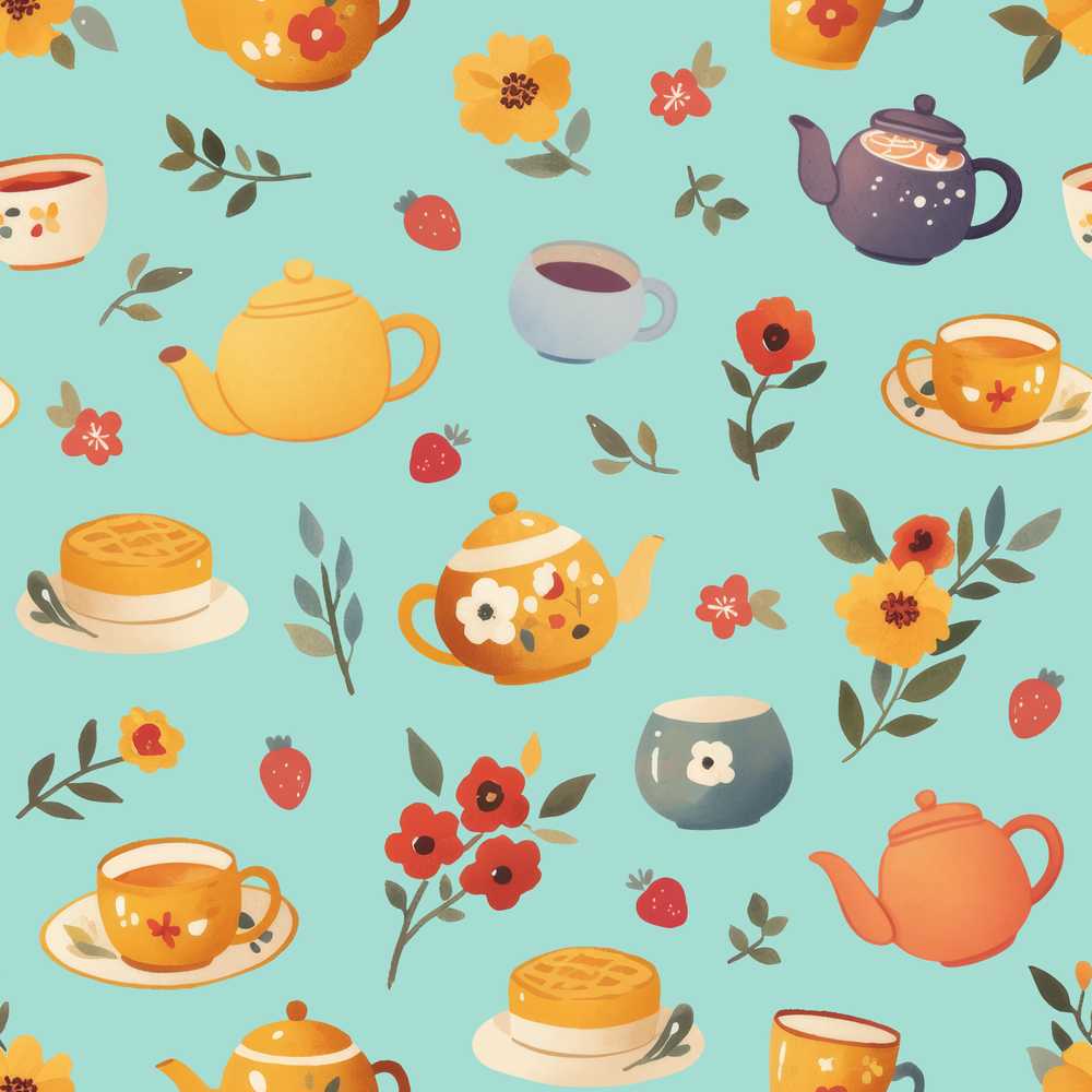 Cute Vintage Teapot Floral Tea Cups Strawberry Garden Blue Background