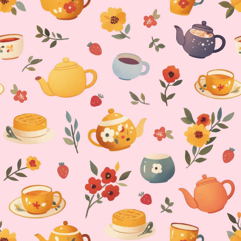 Cute Vintage Teapot Floral Tea Cups Strawberry Garden Pink Background