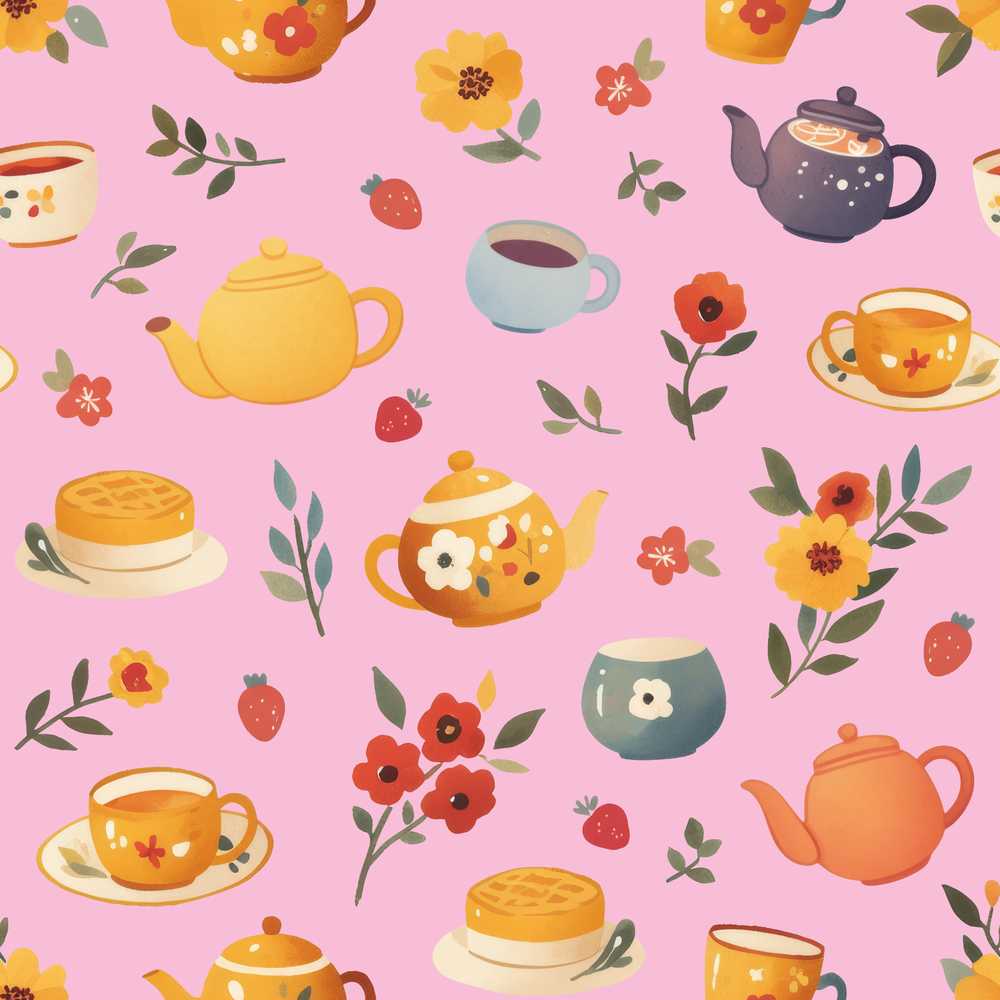 Cute Vintage Teapot Floral Tea Cups Strawberry Garden Rose Background