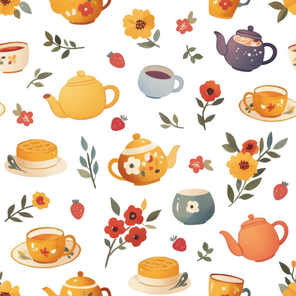 Cute Vintage Teapot Floral Tea Cups Strawberry Garden Grey Background