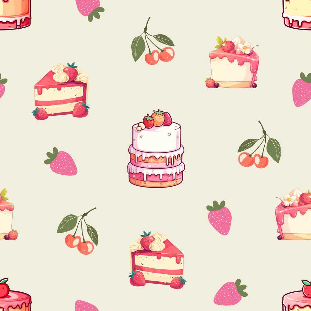 Cute Strawberry Cake Cherry Dessert Neutral Background Illustration