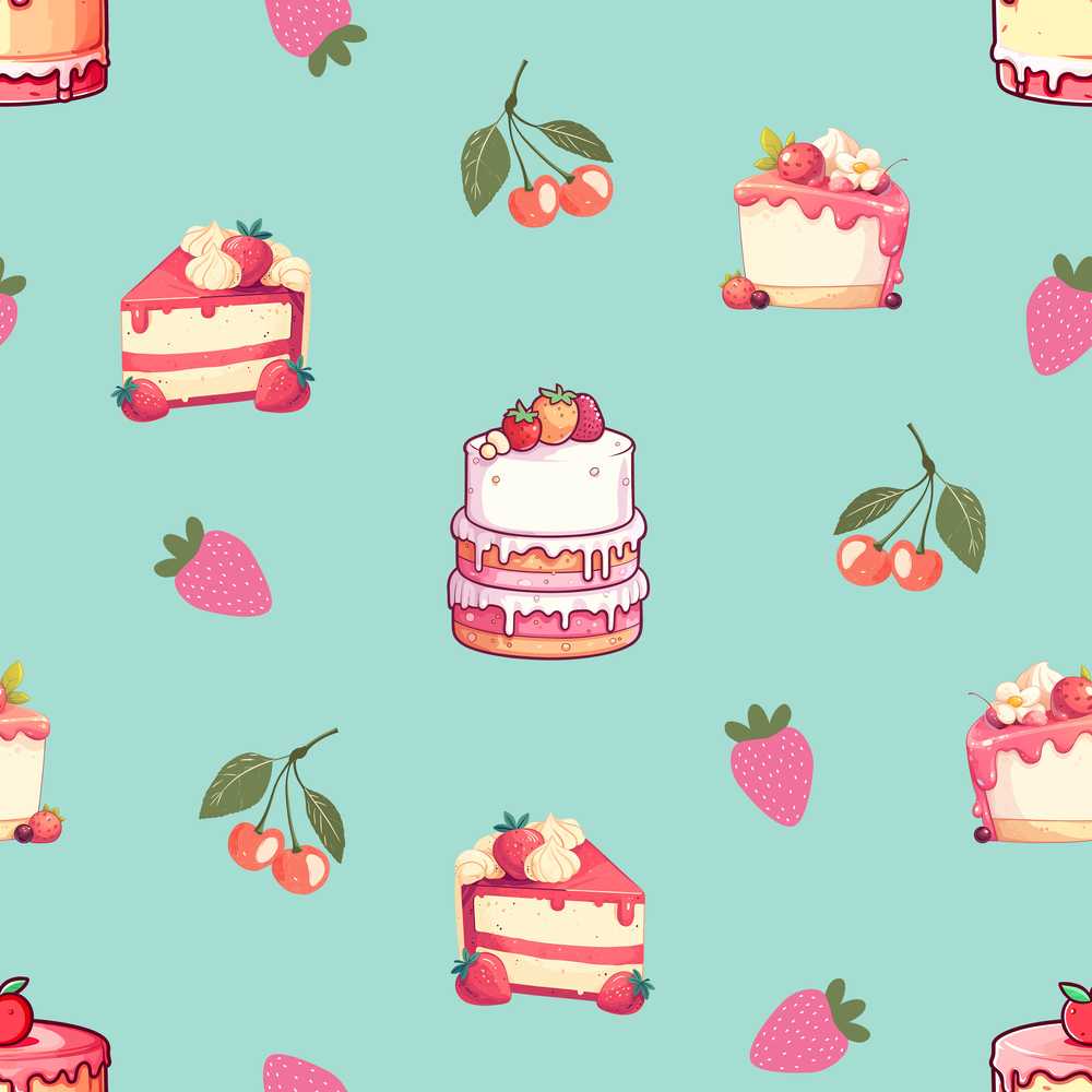 Cute Strawberry Cake Cherry Dessert Mint Background Illustration