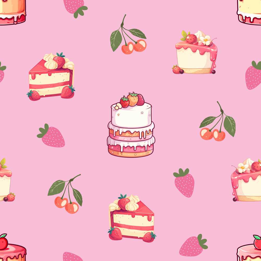 Cute Strawberry Cake Cherry Dessert Rose Pink Background Wildflower