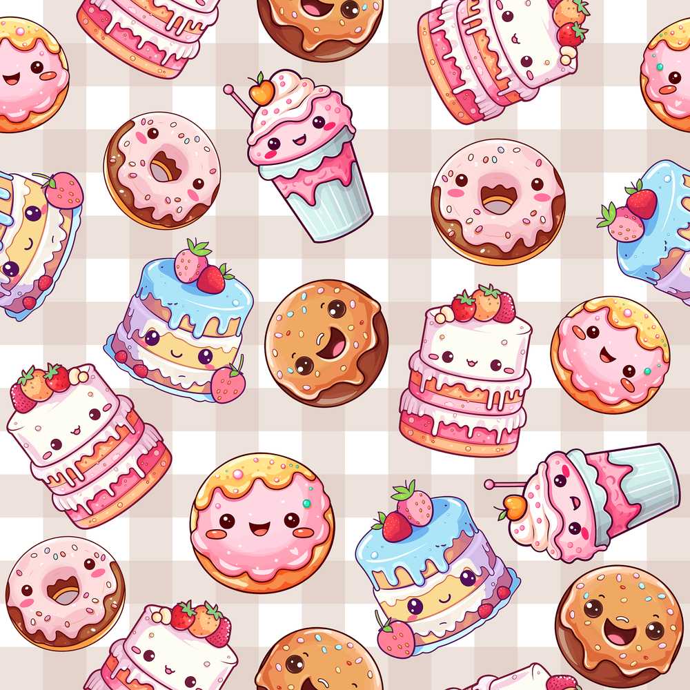 Kawaii Donut Cake Cupcake Sweet Treat Beige Gingham