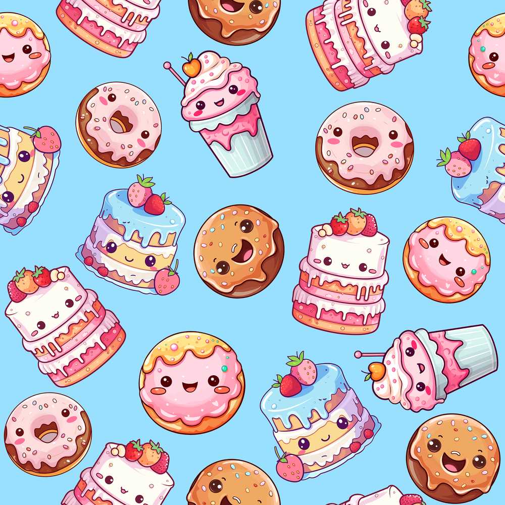 Cute Kawaii Donut Cake Cupcake Sweet Dessert Blue Background