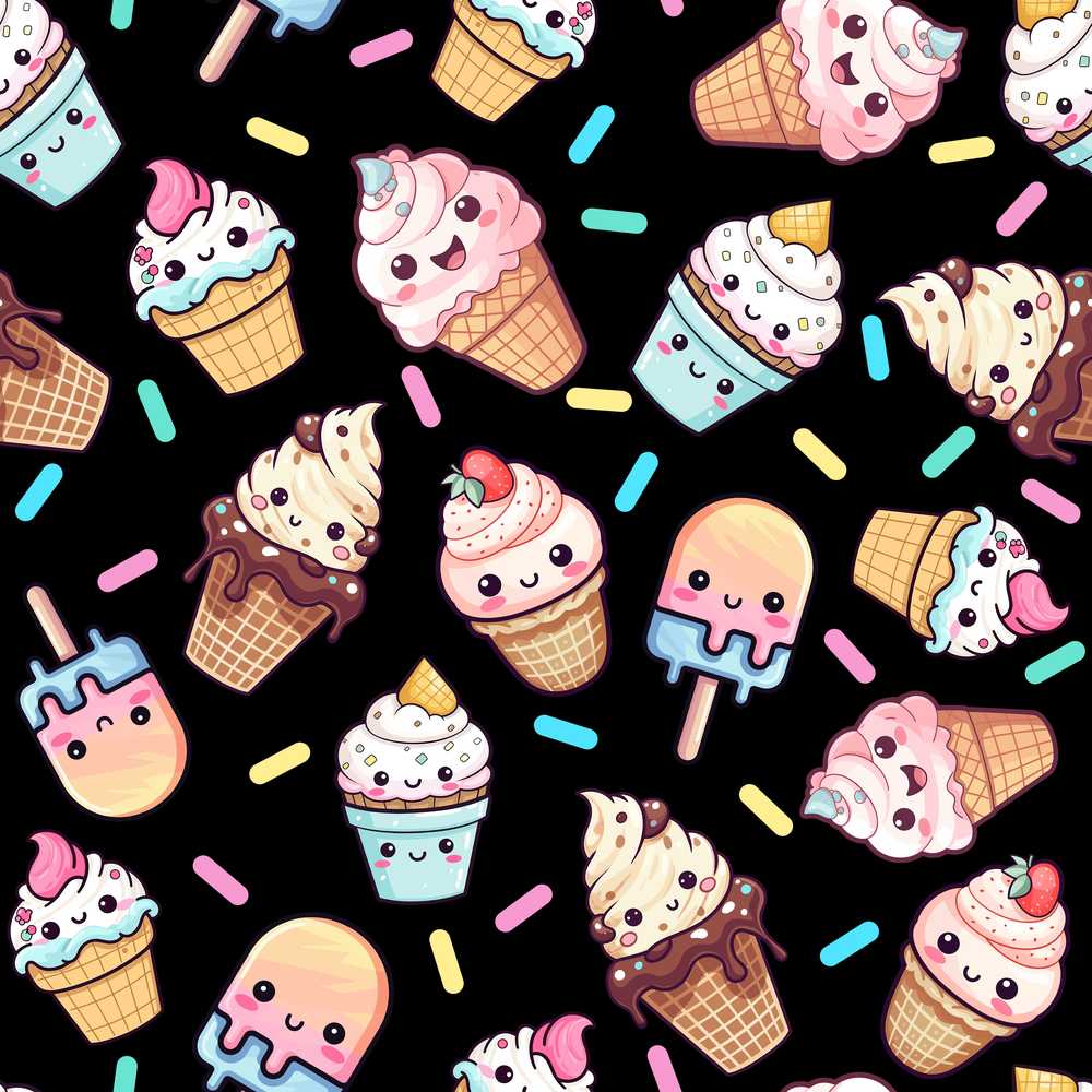 Cute Kawaii Ice Cream Cone Popsicle Dessert Black Background