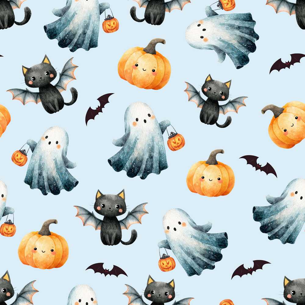 Cute Halloween Ghost Pumpkin Bat Cat Grey Background