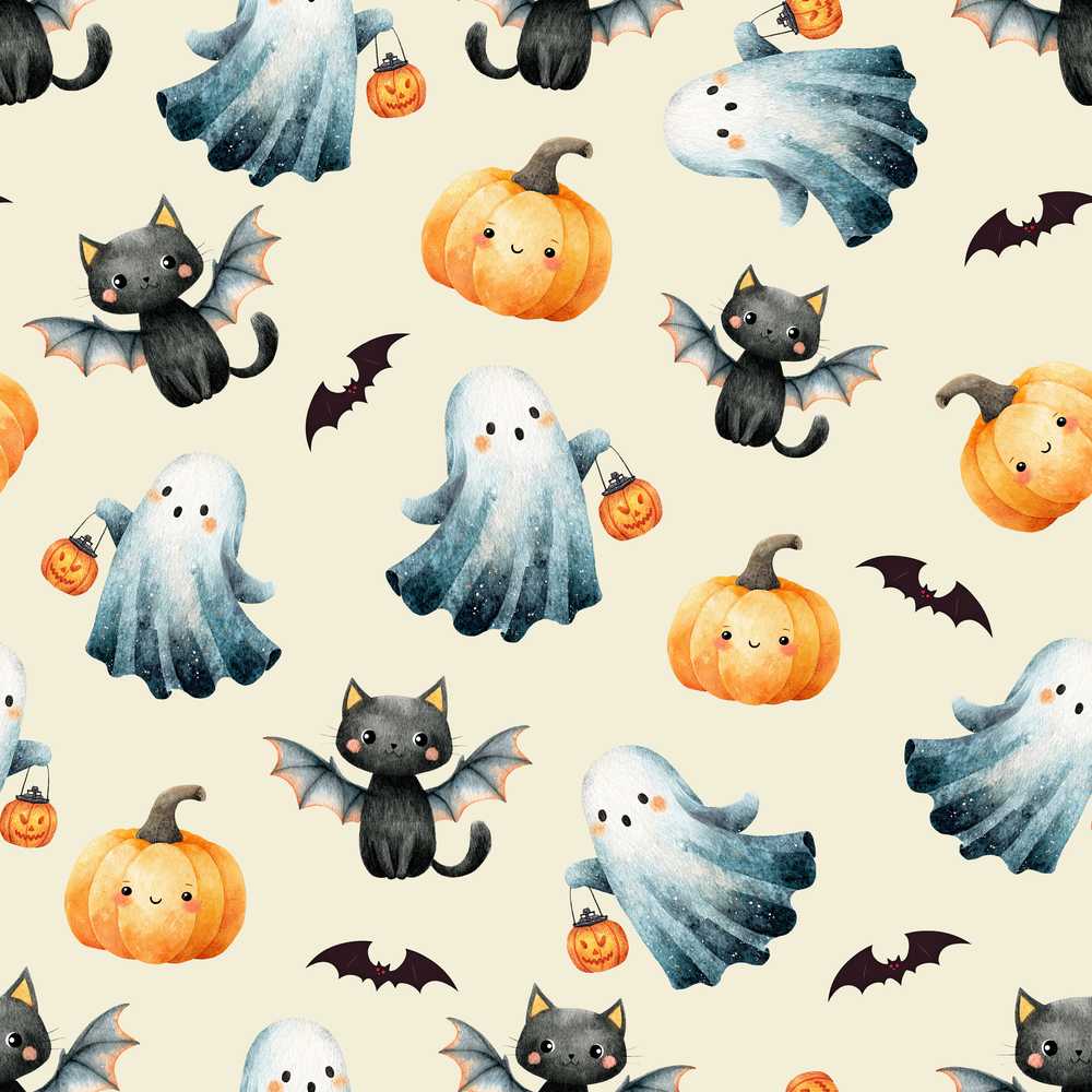 Cute Halloween Ghost Pumpkin Bat Cat Cream Background