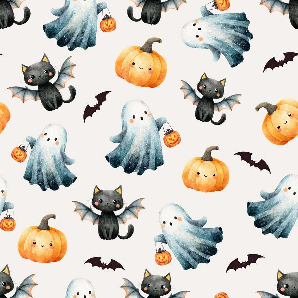Cute Halloween Ghost Pumpkin Bat Cat Light Grey Background