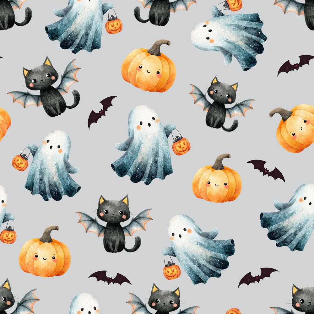 Cute Halloween Ghost Pumpkin Bat Cat Beige Background