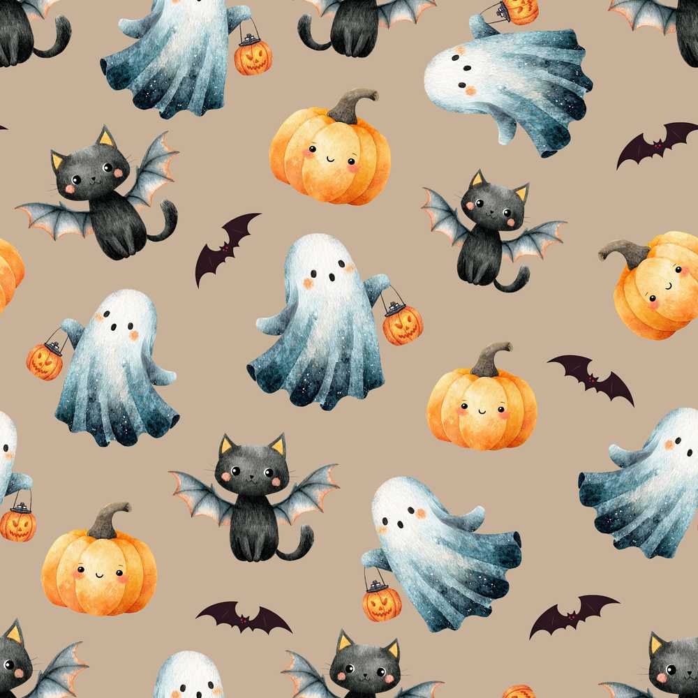 Cute Halloween Ghost Pumpkin Bat Cat Warm Neutral Background