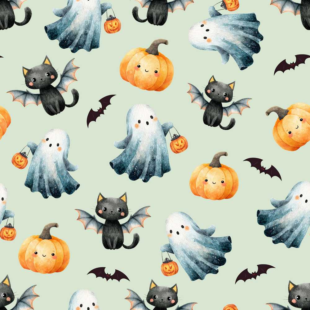 Cute Halloween Ghost Pumpkin Bat Cat Sage Green Background