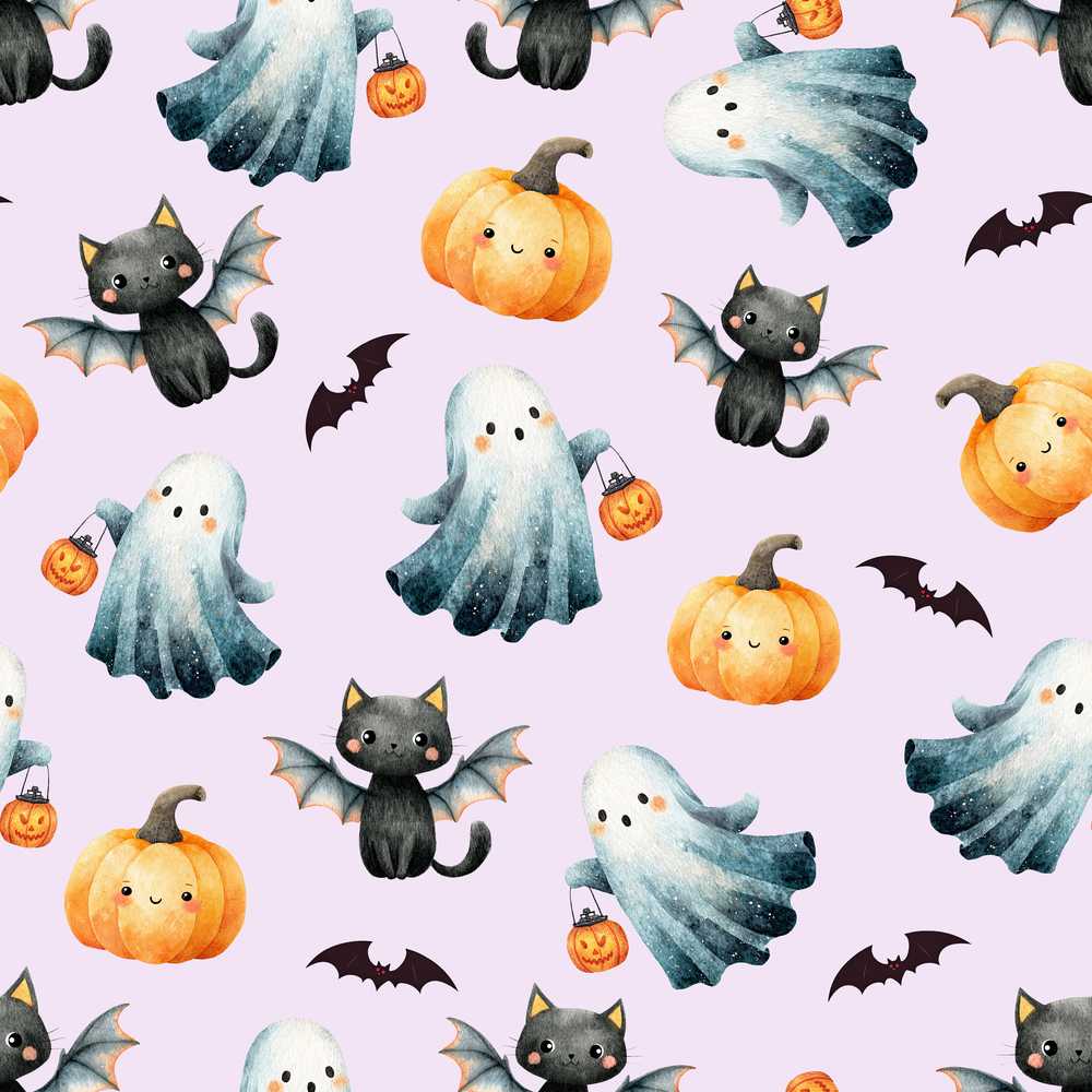 Cute Halloween Ghost Pumpkin Bat Cat Soft Lilac Background