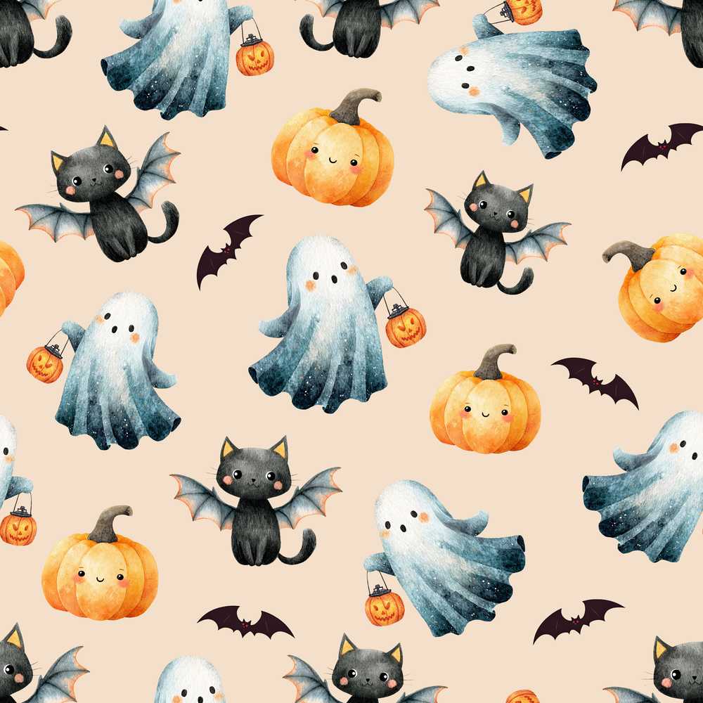 Cute Halloween Ghost Pumpkin Bat Cat Warm Beige Background
