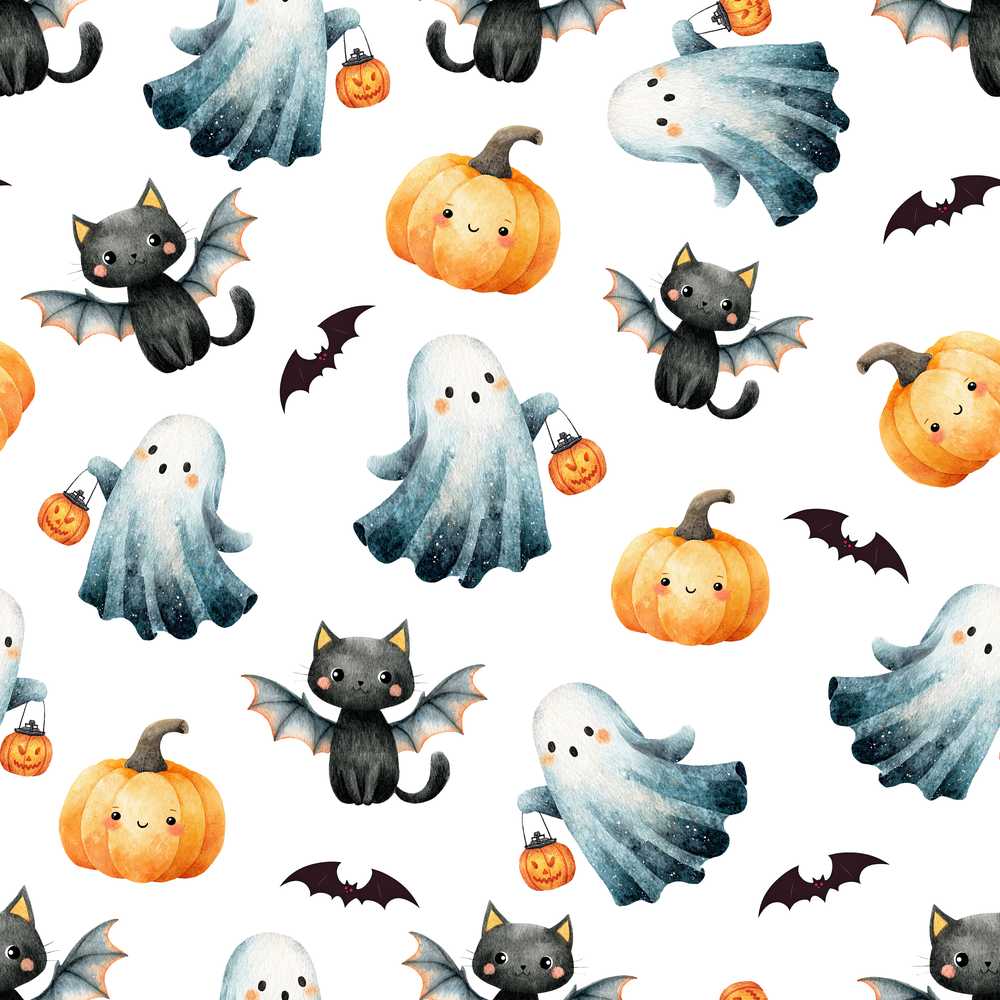 Cute Halloween Ghost Pumpkin Bat Cat Light Grey Background