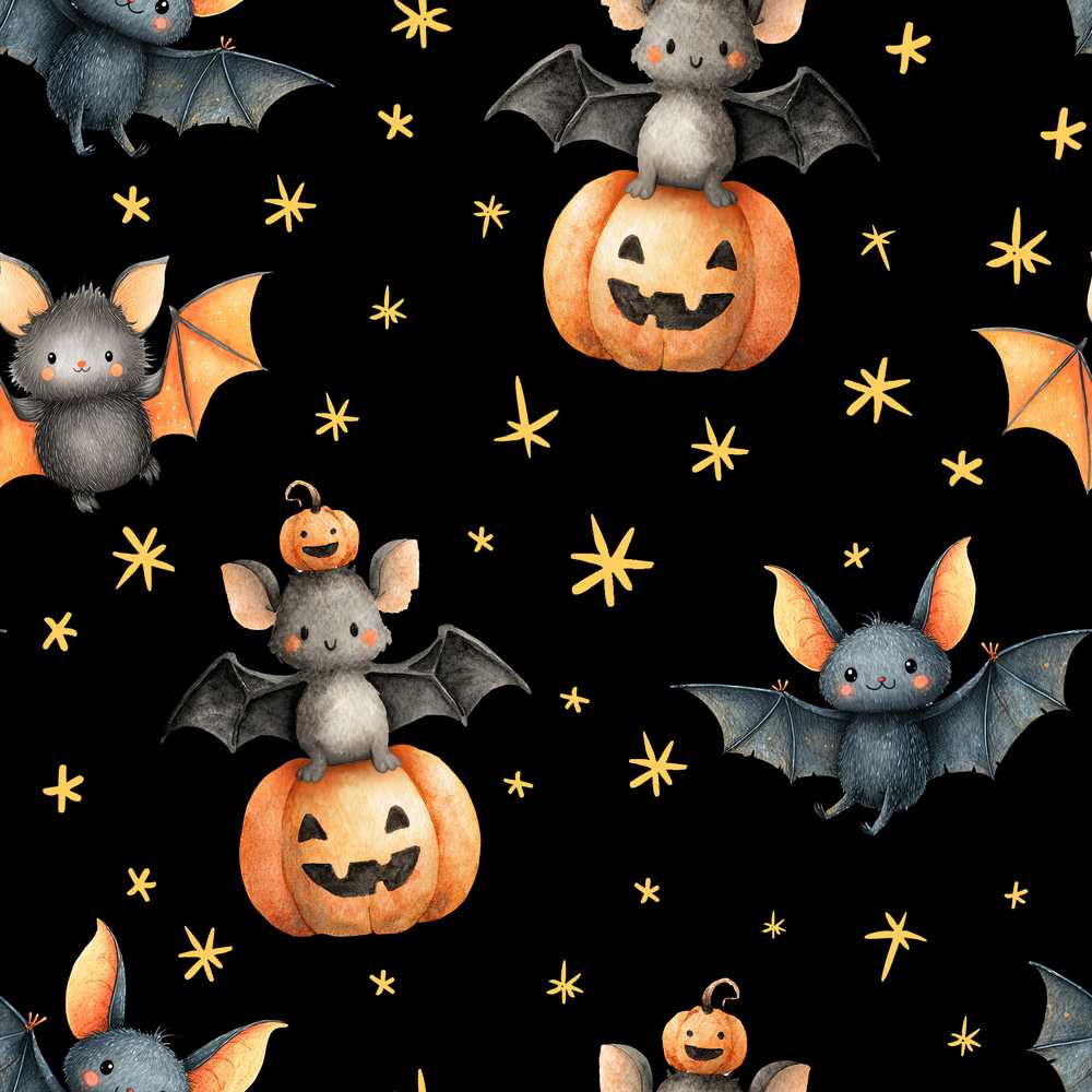 Cute Halloween Bat Pumpkin Star Night Black Background