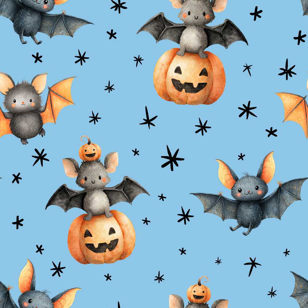 Cute Halloween Bat Pumpkin Star Night Blue Background