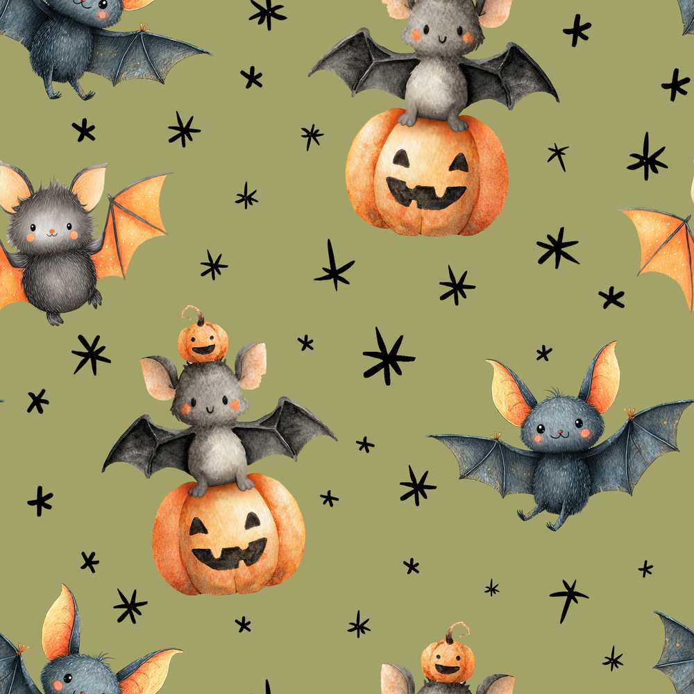 Cute Halloween Bat Pumpkin Star Night Olive Green Background