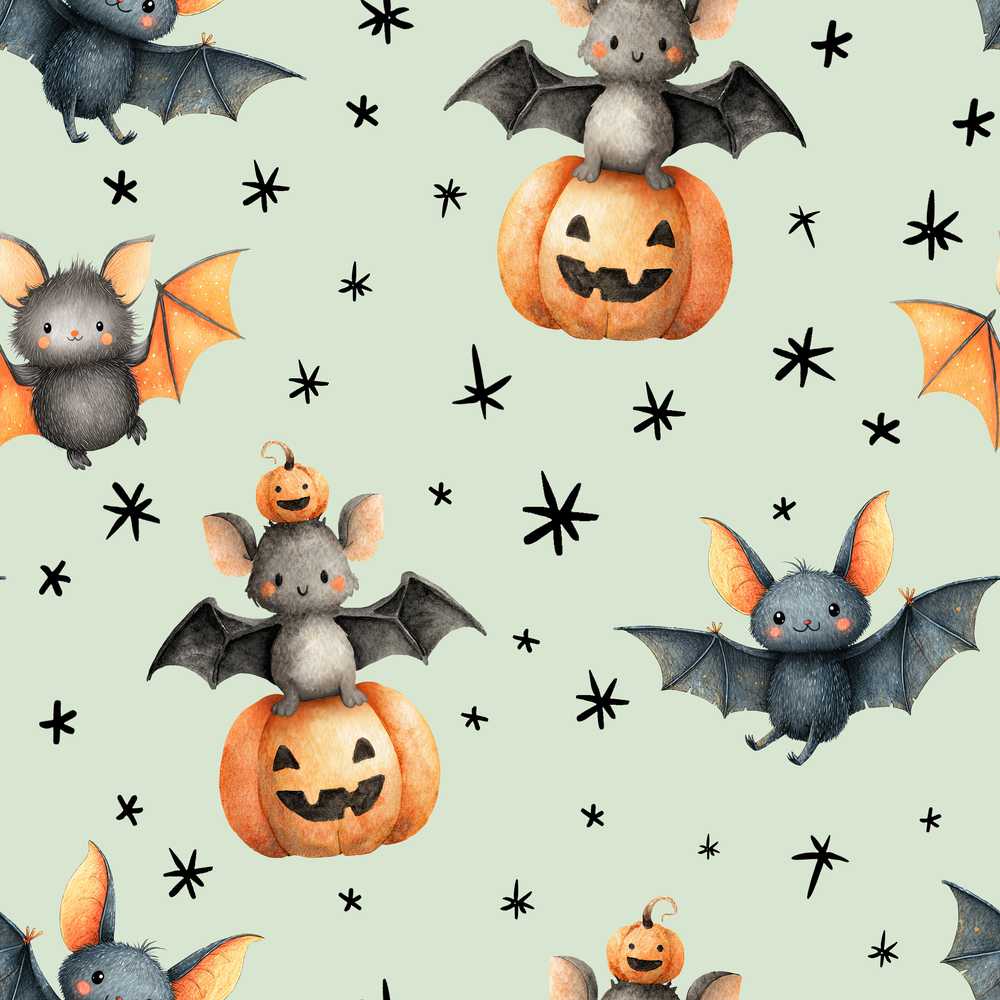 Cute Halloween Bat Pumpkin Star Night Sage Green Background