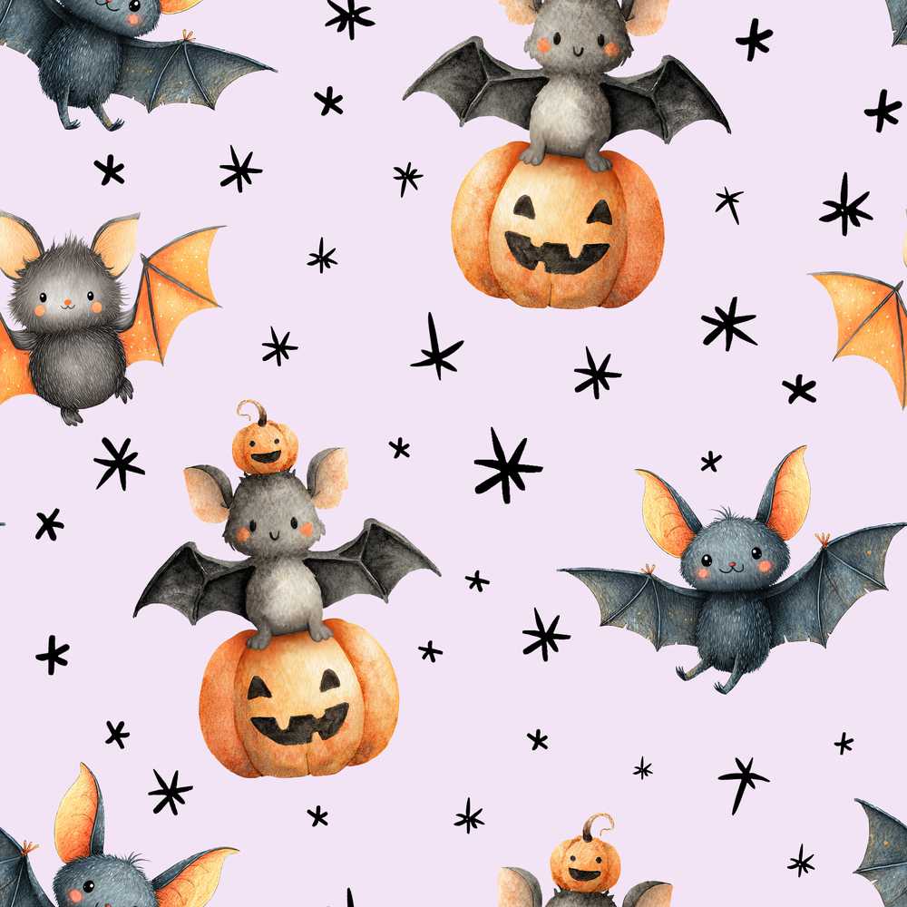 Cute Halloween Bat Pumpkin Star Night Soft Lilac Background