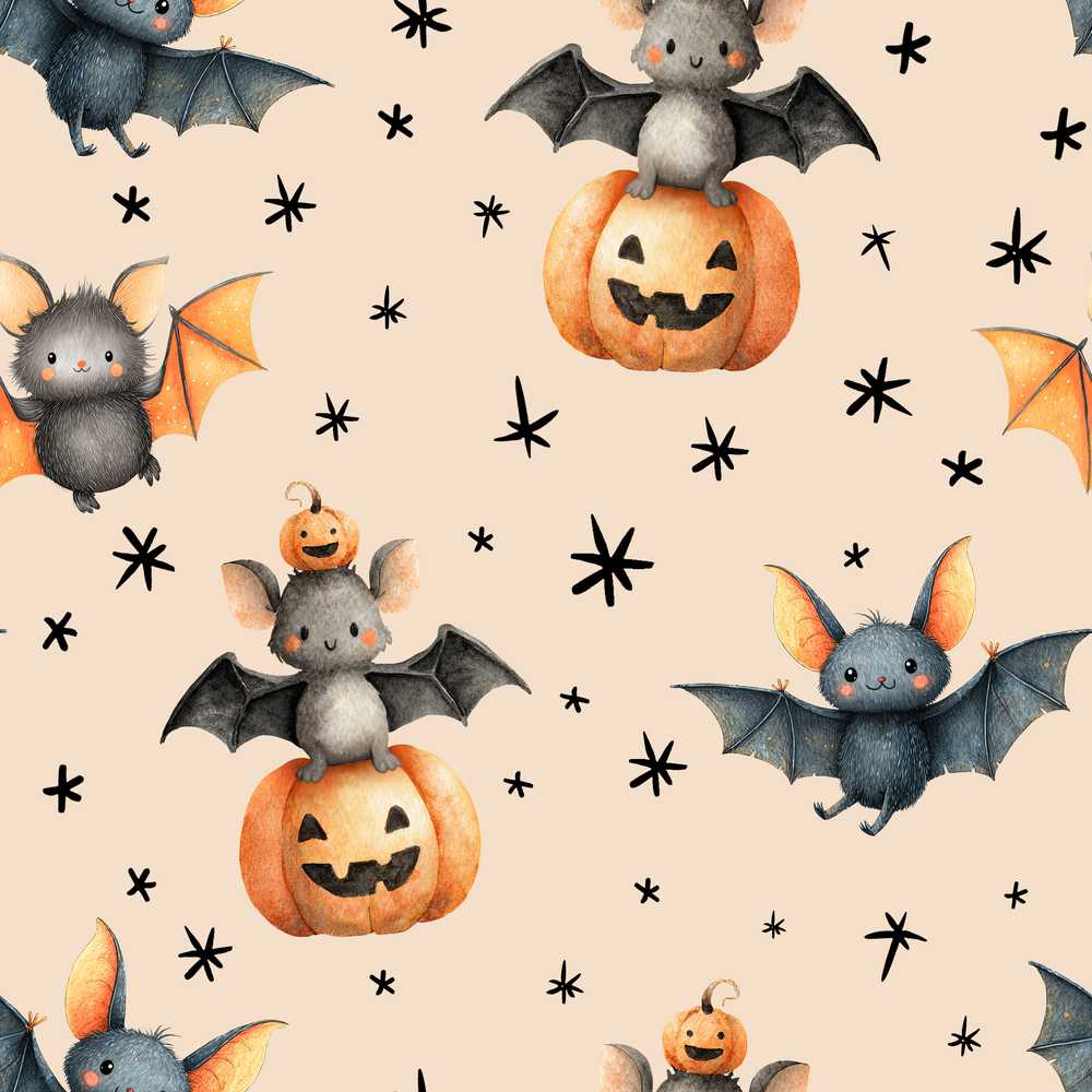 Cute Halloween Bat Pumpkin Star Night Warm Beige Background