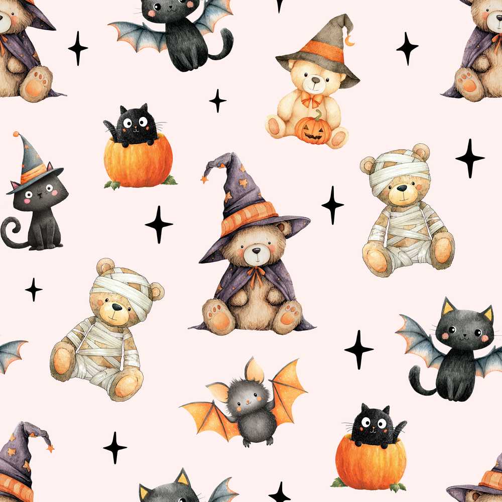 Cute Halloween Teddy Bear Pumpkin Witch Blush Pink Background
