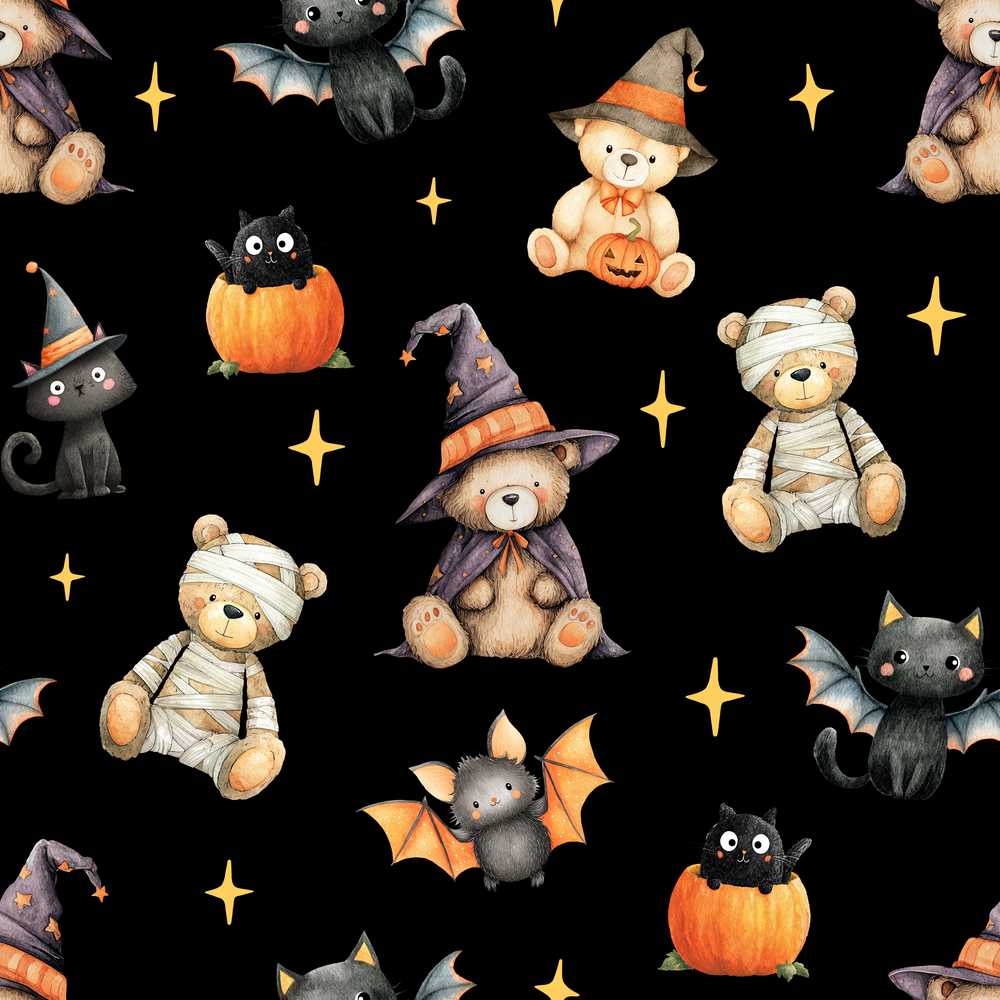 Cute Halloween Teddy Bear Pumpkin Witch Black Night Background