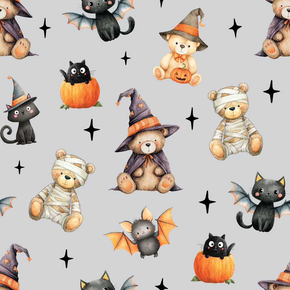 Halloween Teddy Bear Witch Cat Bat Pumpkin Soft Grey