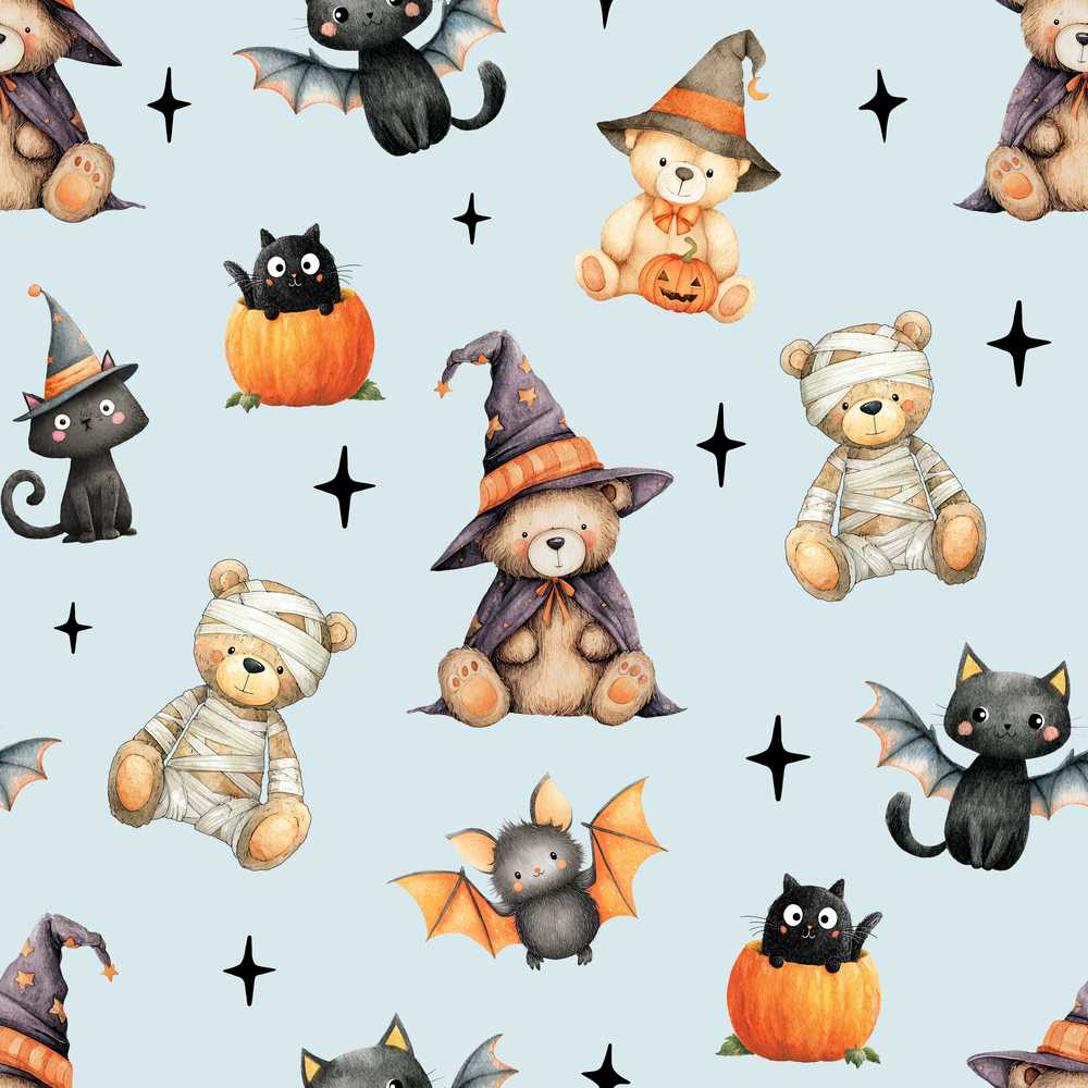 Halloween Teddy Bear Witch Cat Bat Pumpkin Dusty Blue
