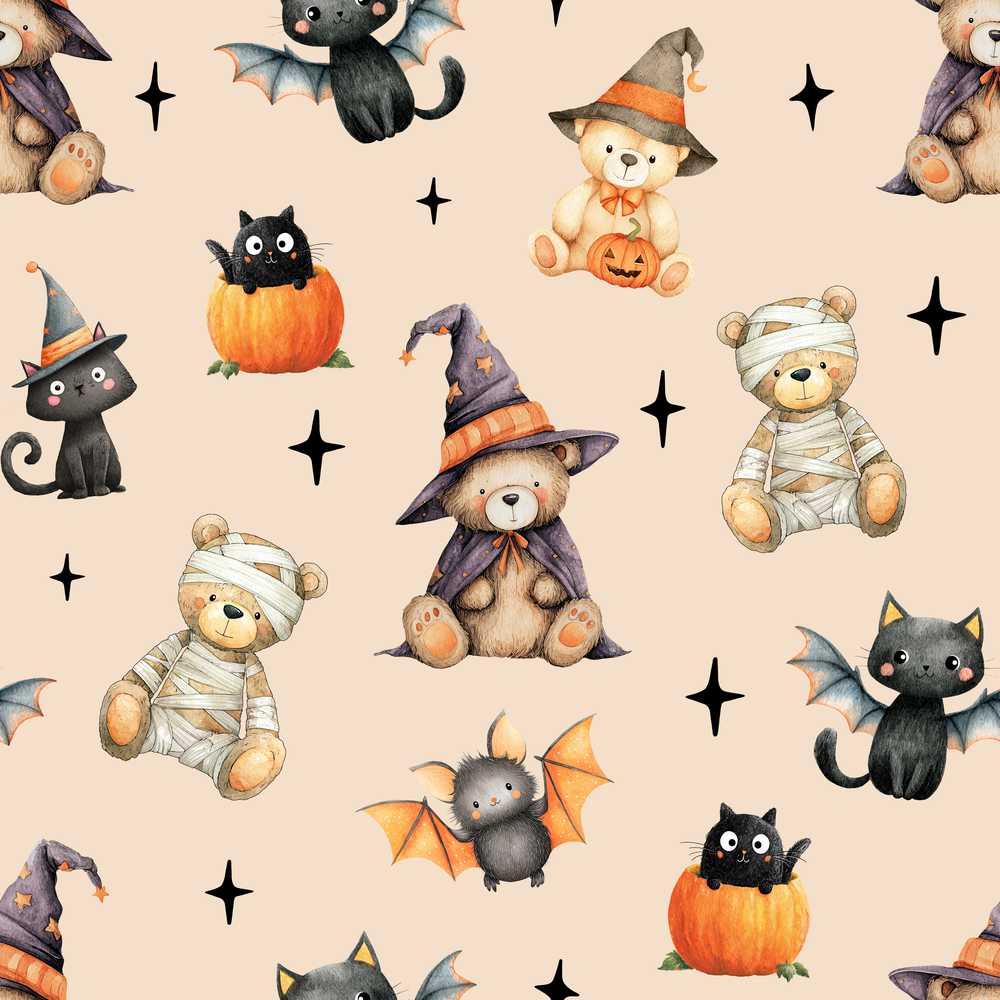 Halloween Teddy Bear Witch Cat Bat Pumpkin Warm Beige