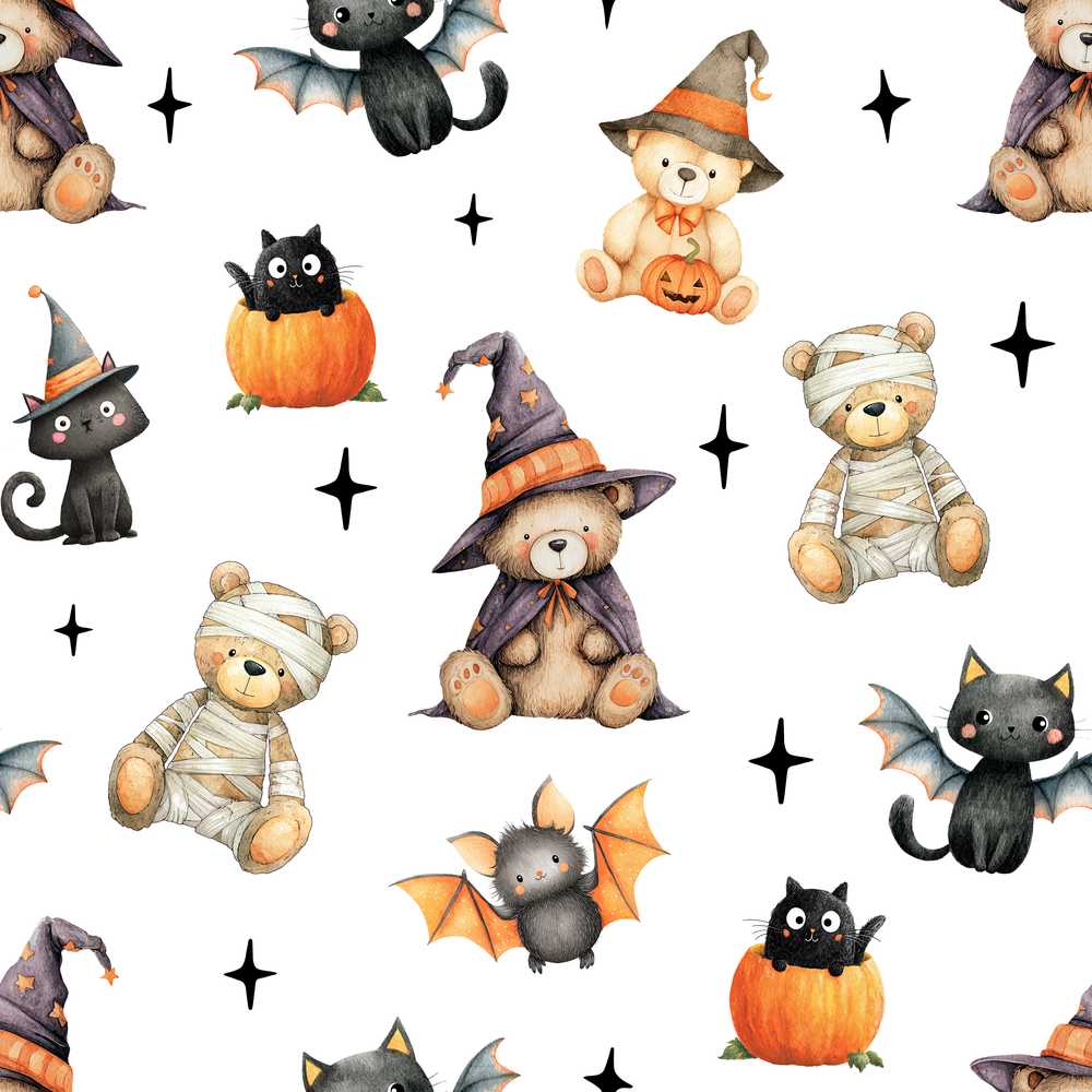 Halloween Teddy Bear Witch Cat Bat Pumpkin Light Grey