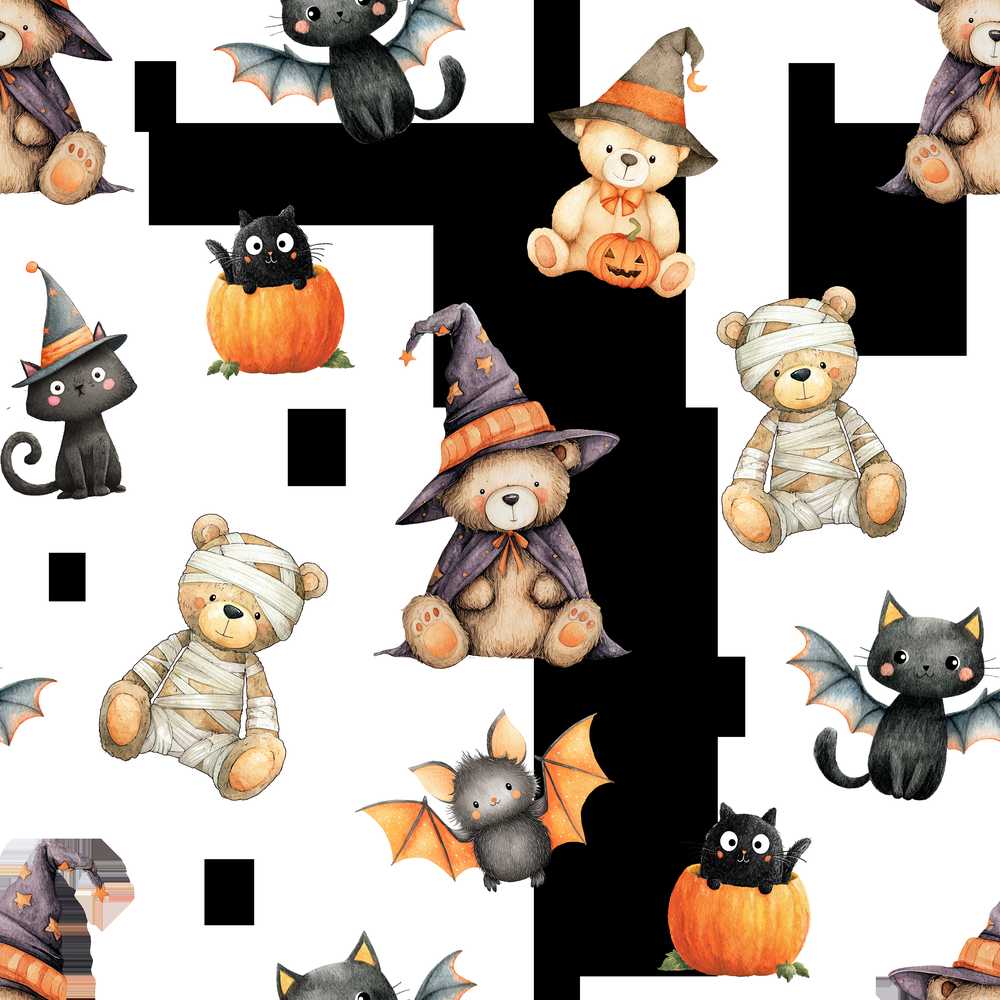 Halloween Teddy Bear Witch Cat Bat Pumpkin Light Grey