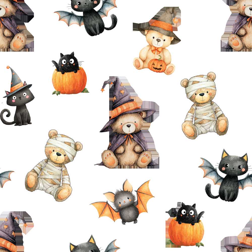 Halloween Teddy Bear Witch Cat Bat Pumpkin White