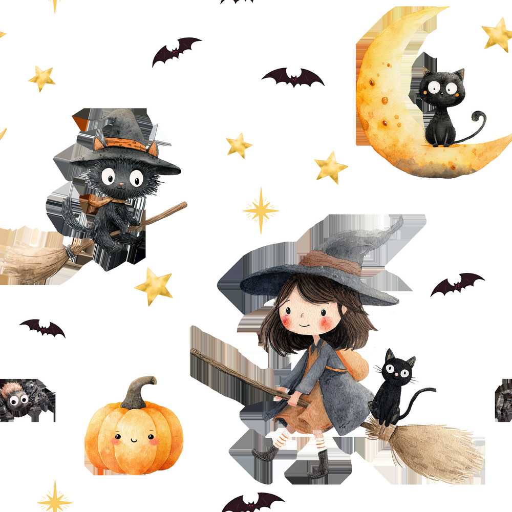 Cute Halloween Witch Cat Moon Stars Pumpkin White Background