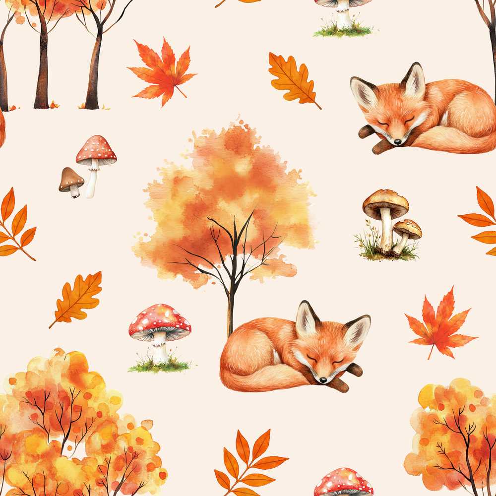 Sleeping Fox Autumn Leaves Mushrooms Forest Beige Wildflower Pattern