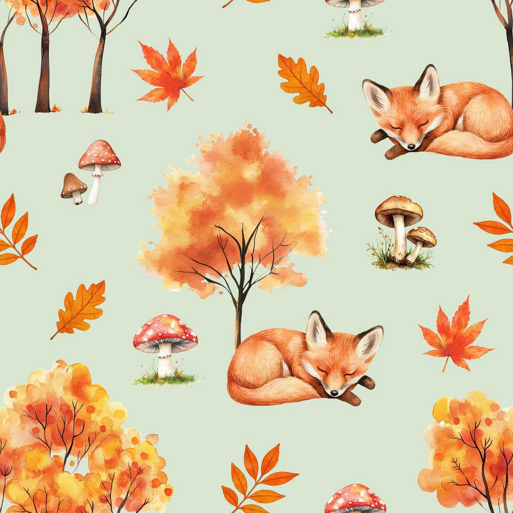 Sleeping Fox Autumn Leaves Mushrooms Forest Sage Wildflower Pattern