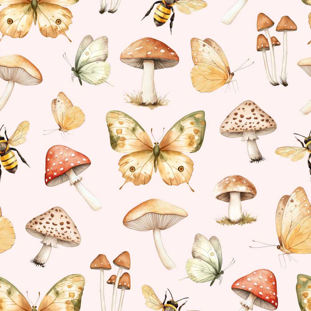 Vintage Butterflies Bees Mushrooms Nature Soft Beige Decorative