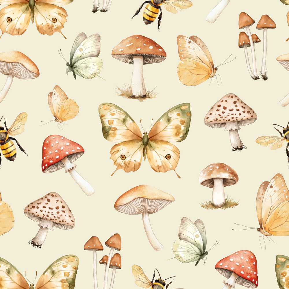 Vintage Butterflies Bees Mushrooms Nature Sage Green Decorative