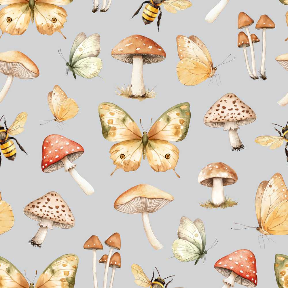 Vintage Butterflies Bees Mushrooms Nature Blue Grey Background