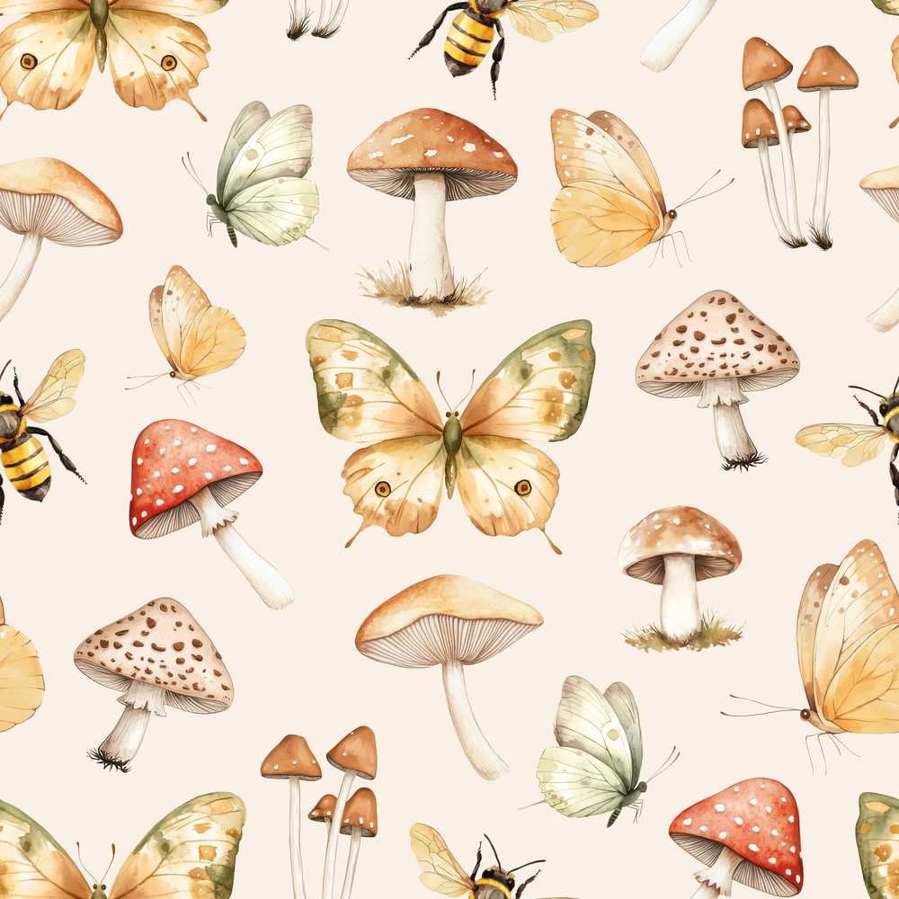Vintage Butterflies Bees Mushrooms Nature Warm Beige Decorative